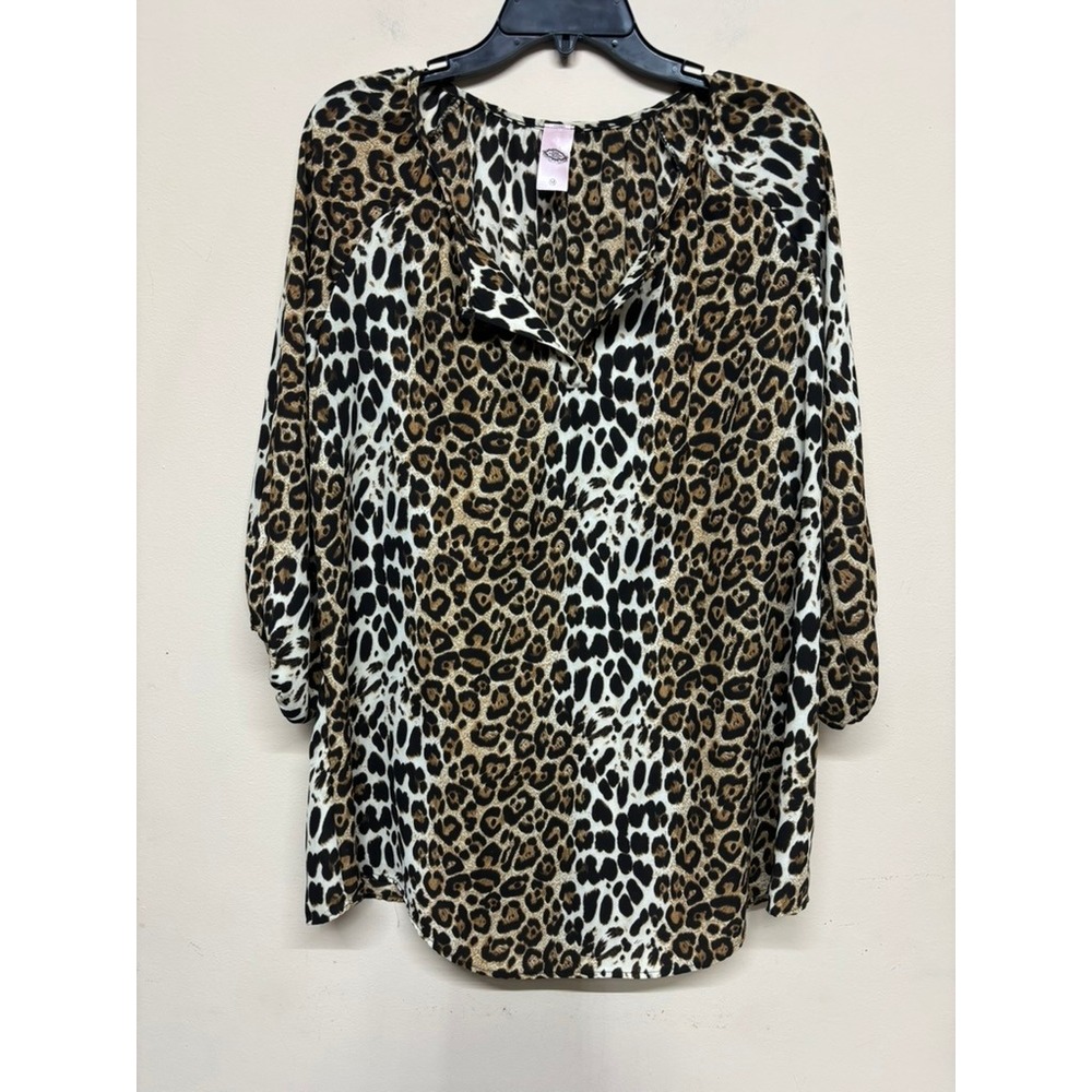 Pink Coconut Leopard Animal Print Boho Blouse V‎ Neck Flowy Relaxed Top Med